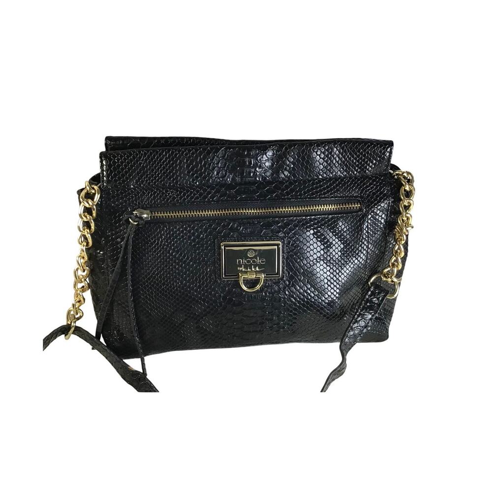 Nicole by Nicole Miller Black Snakeskin Embossed Shoulder Purse
